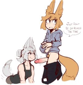 2021 animal_humanoid big_penis blonde_hair blonde_pubes bottomwear bottomwear_down breasts canid canid_humanoid canine canine_humanoid clothed clothed_female clothed_humanoid clothing collarbone derpyfox_36 dialogue digital_drawing_(artwork) digital_media_(artwork) duo english_text eyebrows felix_(derpyfox_36) female fennec_humanoid fingers fox_humanoid genitals glans gradient_penis grey_ears grey_hair grey_tail hair hair_bun hoodie humanoid imminent_oral imminent_sex interspecies light_body light_face light_skin looking_at_another looking_away male male/female mammal mammal_humanoid mouth_closed notched_ear penis pointy_ears prick_ears pubes shirt simple_background smile smirk tail tank_top text topwear white_background wolf_humanoid yellow_tail yukio_(derpyfox_36)