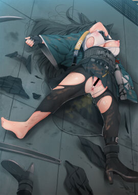 after_masturbation after_rape after_sex animal_ears ankle_boots anus bar_censor black_boots black_gloves black_hair black_pantyhose black_skirt boots breasts broken_rape_victim censored defeated_heroine female fingerless_gloves fox_ears fox_girl fumihiko_(fu_mihi_ko) fumihiko_(pixiv2658856) gauntlets gloves green_jacket head_back high-waist_skirt high_heels highres hoshimi_miyabi incontinence jacket large_breasts long_hair lying nipples on_back on_floor open_clothes open_jacket pantyhose peeing peeing_on_floor peeing_self pleated_skirt pussy pussy_juice shirt single_boot skirt solo torn_clothes torn_pantyhose torn_shirt torn_skirt unwanted_cumshot unworn_boots urine urine_pool white_shirt zenless_zone_zero