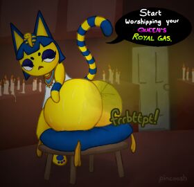 animal_crossing ankha ankha_(animal_crossing) anthro anus artist_name ass big_butt biped bodily_fluids bottomless bottomless_anthro bottomless_female candle chair clothed clothing dialogue digital_media_(artwork) dirty_talk domestic_cat dominant dominant_female eyelashes eyeshadow fart fart_cloud fart_fetish felid feline felis female frown furniture half-closed_eyes hand_on_butt hi_res huge_butt looking_back makeup mammal markings musky_butt narrowed_eyes nintendo on_chair paws pincoosh rear_view sitting sitting_on_chair sitting_on_pillow solo sound_effects speech_bubble striped_markings striped_tail stripes sweat sweaty_butt tail tail_markings talking_to_viewer text uraeus vowelless vowelless_sound_effect