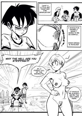 1boy 2girls beach dragon_ball dragon_ball_z erasa female female_pubic_hair greyscale lemonjoojoo male monochrome pubic_hair pussy son_gohan videl