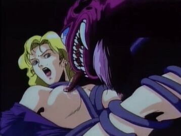 1990s_(style) 1992 1_eye animated blonde_hair blue_eyes breasts earrings female jewelry large_breasts licking licking_nipple lipstick lowres makeup monster nipple_stimulation nipples open_clothes retro_artstyle secretary short_hair tagme tongue tongue_out urotsukidouji