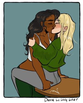2girls ass ass_grab black_hair blonde_hair dark_skin female green_jacket itsdivinearts jacket kissing meme nice_wig_by_the_way original original_character pants tank_top twitter white_pants white_tank_top yuri
