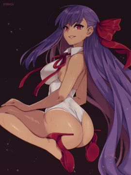 1girls 2024 artist_name ass bb_(fate) eyebrows eyebrows_visible_through_hair fate/extra_ccc fate/grand_order fate_(series) female hair_ribbon high_heels kneeling long_hair looking_at_viewer purple_hair red_eyes shoes simple_background solo solo_female solo_focus symoca