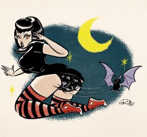 1girls 2021 artist_signature bat black_hair black_lipstick breasts converse female female_focus female_only goth goth_girl halloween hotel_transylvania large_breasts legwear mavis_dracula moon panties pinup red_eyes retro_artstyle rutturuttu sharp_fingernails sharp_teeth solo solo_female solo_focus striped_legwear thighs vampire vampire_girl