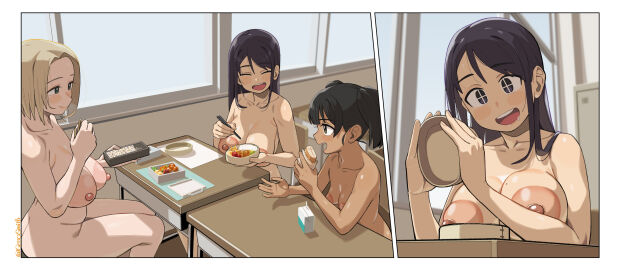 3girls artist_name bento black_hair blonde_hair blush breasts casual casual_exposure casual_nudity chopsticks classroom closed_mouth commentary_request commission completely_nude dark-skinned_female dark_skin desk eating female food geso_smith group highres holding holding_chopsticks holding_food human large_areolae large_breasts long_hair medium_hair mole mole_on_breast multiple_females multiple_girls naked naked_female naked_school_attendance naked_with_friends nipples nonsexual nonsexual_nudity nude nude_female nudist oerba_yun_fang open_mouth original pale_skin public school school_desk school_nudity schoolgirl short_hair sitting skeb_commission smile twitter_username wholesome window zenra