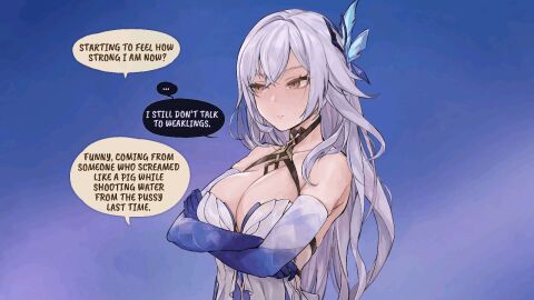 1boy 1girls animated anus ass blush breasts clenched_teeth collarbone cum cum_drip cum_dripping_from_pussy cum_in_pussy cum_inside cumshot cumshot_in_pussy defeated english_dialogue english_text female female_focus frozenspiderlily genshin_impact hair_ornament hoyoverse image_sequence instant_loss_2koma large_breasts long_hair looking_pleasured lying_on_back male mihoyo nipples on_back open_mouth orgasm_face pussy red_eyes saliva skirk_(genshin_impact) speech_bubble squirting tears thick_legs thick_thighs thighhighs thrusting thrusting_into_pussy white_hair