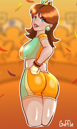 1girls artist_name ass ass_focus big_ass bimbo blue_eyes breasts brown_hair daisy's_hot_stuff_(trend) fat_ass female female_only gloves hand_on_hip highres jpeg large_breasts legs looking_at_viewer looking_back mario_(series) mario_strikers midriff nintendo orange_shorts parted_lips pose posing princess_daisy red_lipstick seductive seductive_look seductive_smile sensual short_hair shorts sideboob smile soccer soccer_uniform solo sportswear thighs voluptuous