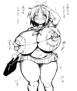 alternate_breast_size bag breasts dialogue erect_nipples female gigantic_breasts holding_bag huge_areolae huge_nipples japanese_text lucky_star micro_bikini nipplekini nipples ponkotsuu running sketch talking_to_another text thick_nipples thick_thighs tsukasa_hiiragi undersized_clothes venus_body wide_hips