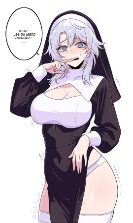 ... 1girls biting_finger blue_eyes blush chainsaw_man clothed demon demon_girl fami_(chainsaw_man) female gato_gratam legwear nun nun's_habit nun_outfit panties short_hair solo solo_female spanish_text tears thighhighs white_hair white_legwear white_panties