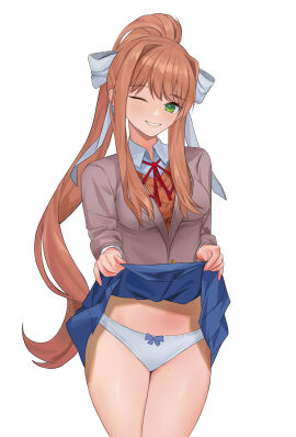 1girls 5_fingers aris4rt blue_bow blue_panties blue_skirt blush bow bow_panties breasts doki_doki_literature_club female flashing flashing_panties green_eyes lifted_skirt lifting lifting_skirt long_hair monika_(doki_doki_literature_club) panties presenting presenting_panties school_uniform seductive skirt skirt_lift skirt_lifted_by_self white_bow