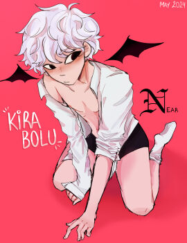 albino black_eyes cute_male death_note eyes_half_open gay kirabolu male nate_river near pervert pretty_boy solo underwear white_body white_hair white_skin