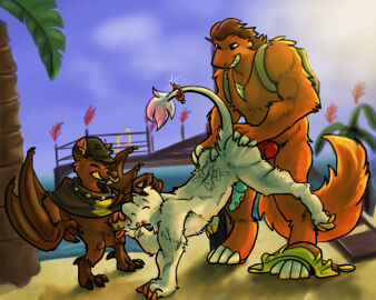 3_fingers 4_toes anal andee_(rvb_revolution) animal_genitalia animal_penis anthro ass backpack banjo-kazooie bard_(chupadore) bat beach bottomwear bottomwear_around_one_leg bottomwear_down canine_genitalia canine_penis chupadore closed_eyes clothing clothing_around_one_leg collar colored_nails cosplay detailed_background feet fellatio fingers furgonomics furry-specific_piercing genital_piercing genitals grin group hand_on_ass hand_on_butt hand_on_penis jewelry knot male male/male mammal muscular muscular_male nails necklace oral pants pants_around_one_leg penile penis penis_piercing piercing poncho raemyshu rareware rvb_revolution samael_wurlitz sex size_difference smile spitroast tail tail_tuft tattoo toes trio tuft