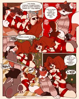 2024 absurd_res black_bottomwear black_clothing black_nose black_skirt bodily_fluids bottomwear brown_body brown_fur canid canine canis christmas clothing colored couple cum cum_in_pussy cum_inside dialogue domestic_cat domestic_dog duo ejaculation english_description english_text eyebrows eyelashes eyewear felid feline felis fellatio female femboy fur genital_fluids glasses hi_res holidays male male/female mammal maple_(puppeypawbs) markings mole_(marking) nipples nude nude_female open_mouth open_smile oral orange_body orange_fur penile penis pink_nipples pink_nose puppeypawbs pussy red_ribbon romantic romantic_couple romantic_sex sex skirt smile speech_bubble sweater syrup_(puppeypawbs) text topwear vaginal_penetration white_body white_fur