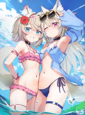 2d_(artwork) 2girls alternate_costume animal_ears animal_tail belly_button bikini bikini_bottom bikini_top blonde_hair blue_bikini_bottom blue_bikini_top blue_eyes blue_swimsuit breasts clouds day female female_only flower flower_in_hair front_view fuwamoco fuwawa_abyssgard hololive hololive_english hololive_english_-advent- kemonomimi long_hair looking_at_viewer mococo_abyssgard navel ocean one_eye_closed outdoors pink_bikini_bottom pink_bikini_top pink_eyes pink_swimsuit revealing_swimsuit rn2d saebashi short_hair sky slim_female small_breasts smiling smiling_at_viewer standing standing_in_water summer sunglasses sunglasses_on_head swimsuit thong thong_bikini two_piece_swimsuit virtual_youtuber vtuber vtuberfanart water young younger_female