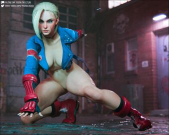 3d alley blonde_hair blue_eyes cammy_white female gloves graffiti highres jacket mizzuh navel open_clothes open_jacket patreon_logo patreon_username public public_indecency public_nudity pussy street_fighter street_fighter_6 thighs twitter_logo twitter_username