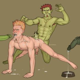 3boys anal angry armpits balls bara big_penis boner cum cum_in_mouth dominant dominant_male domination erection gay gay_sex genital_fluids green-skinned_male green_body green_skin hair_grab hair_pull male male/male male_nipples male_only multiple_boys multiple_males muscular muscular_male nipples nude nuttkraken oral orc orc_male orgasm penis pointy_ears sex teeth teeth_visible tusks yaoi