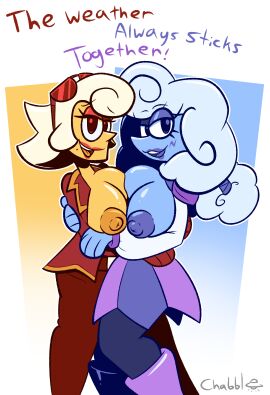 big_eyes blue_body blue_eyes blue_lipstick blue_nipples blue_skin breasts breasts_out breasts_pressed_against_partner breasts_pressed_together canon_couple chabble deltarune deltarune_chapter_3 elnina_(deltarune) female female/female female_focus fluffy_hair genderswap genderswap_(mtf) lanino_(deltarune) large_breasts lipstick living_cloud living_moon looking_at_viewer mole mole_under_mouth mostly_clothed nipples no_earrings orange_lipstick orange_nipples pointy_nose rain_boots red_eyes rule_63 skirt smile suit sunglasses sunglasses_on_head white_hair yellow_body yellow_skin yuri