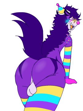 3:4 anthro balls bent_over blush clothing clown_nose facial_markings femboy fur genitals girly gloves gootraxian handwear hat head_markings headgear headwear hyena kaiju_paradise legwear looking_at_viewer male mammal markings multicolored_clothing multicolored_gloves multicolored_handwear multicolored_legwear multicolored_thigh_highs party_hat partyena partyena_(kaiju_paradise) purple_body purple_fur shaded simple_background simple_shading solo spots spotted_body spotted_fur teeth thigh_highs vpnice yellow_teeth