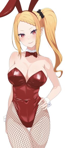 bare_arms bare_shoulders belly_button_visible_through_clothing big_breasts blush braid breasts bunny_ears bunnysuit camui1104 cleavage closed_mouth detached_collar female fishnet_pantyhose fishnets hair_scrunchie hand_on_own_hip leotard long_hair orange_hair priscilla_barielle re:zero_kara_hajimeru_isekai_seikatsu red_eyes red_leotard shiny_skin side_ponytail smile strapless strapless_leotard thighs wrist_cuffs