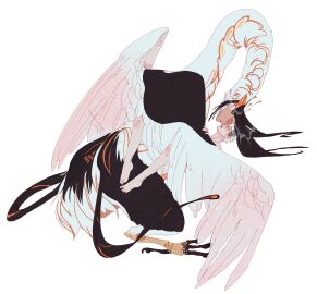 2boys bird_boy black_hair claws closed_eyes dark-skinned_male dark_skin english_commentary facing_another feathered_wings feathers full_body head_wings highres human_head inmyeonjo interspecies long_hair lying male male_focus missionary monster_boy multiple_boys multiple_males on_back open_mouth original penis sex shirt short_hair simple_background size_difference tittybat white_background white_feathers white_shirt wings yaoi