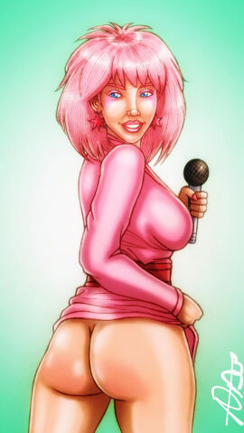 1girls 2d 80's_theme areolae ass bare_ass belt blue_eyes bronxboy79 bubble_ass bubble_butt busty clothed clothed_female clothing color dress dress_lift exhibitionism exposed female female_only full_color hourglass_figure human jem_(character) jem_and_the_holograms looking_at_viewer looking_back makeup microphone no_panties pink_hair pinup pinup_pose rear_view sideboob signature smile tagme