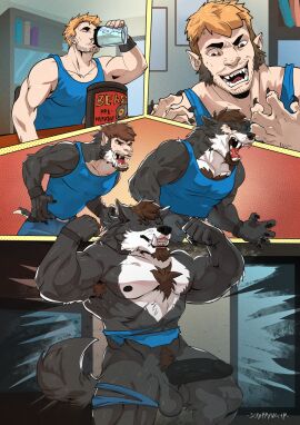 5_fingers after_transformation anthro armpit_hair balls big_chest big_muscles black_body black_claws black_fur black_lips black_nipples black_nose black_penis blonde_hair body_growth body_growth_(enlargement) body_hair bottomwear broad_shoulders brown_body brown_fur canid canine canis cheek_tuft chest_tuft chin_tuft claw_growth claws closed_eyes clothing comic consensual_transformation destroyed_clothing drinking english_text erecrion facial_tuft fingers flexing flexing_bicep flexing_both_biceps fluffy fluffy_tail fur fur_growth genitals growth hair hair_to_fur head_tuft hi_res human human_to_anthro humanoid_genitalia humanoid_penis imminent_transformation inside lips looking_at_hands male male_focus male_only mammal mid-transformation muscle_growth muscles muscular muscular_anthro muscular_human muscular_male mythological_canine mythological_creature mythology nex_anima_canis nipples open_mouth penis post-transformation protein_shake pubes scrappyvamp shaded shirt signature size_transformation smile snout snout_growth solo species_transformation standing stubble tail tail_growth tank_top teeth text tongue topwear torn_bottomwear torn_clothing torn_shirt torn_tank_top torn_topwear transformation tuft vein veiny_penis were werecanid werecanine werewolf whisker_spots whiskers white_body white_fur wide_eyed wolf wristband