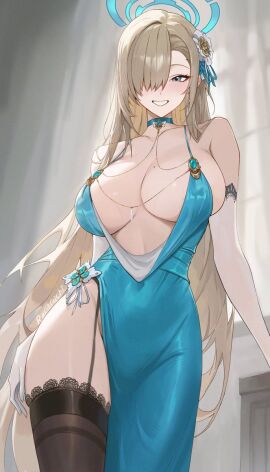 1girls armwear asuna_(blue_archive) big_breasts blue_archive cleaning_&_clearing_(blue_archive) dress garter_belt hairband halo millennium_science_school_student mole_on_breast rucarachi stockings thick_thighs