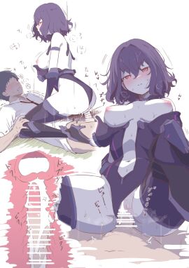 1boy ^^^ bar_censor black_hair blush boots breasts breasts_out censored clothing_aside colored_skin cowgirl_position cum cum_in_pussy cum_in_uterus faceless faceless_male female from_side girls'_frontline hair_between_eyes heart heavy_breathing highres large_breasts leotard leotard_aside male medium_hair multiple_views navel necktie nipples parted_lips penis pov purple_hair purple_leotard pussy red_eyes red_necktie ripper_(girls'_frontline) saliva sangvis_ferri shirt straddling straight sweat thigh_boots translation_request white_shirt white_skin x-ray zandorosouls