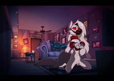 absurd_res anthro bodily_fluids bondage bound canid canid_demon canine canis chains cum cumshot demon domestic_dog ejaculation female furniture genital_fluids genitals hellhound helluva_boss hi_res living_room loona_(helluva_boss) mammal muzzle_(object) muzzled mythological_canine mythological_creature mythology nude pussy rug sofa solo wugi