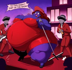 belly_inflation big_breasts blue_skin blueberry_inflation breasts cleavage female gurgling huge_breasts hyper_breasts inflation mrunclephuncle pauline_(mario) red_clothing spherical_inflation stomach_noises surprised thick_thighs wide_hips