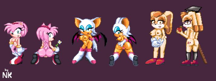 amy_rose anthro anthro_female anthro_only breasts female furry furry_female furry_only large_breasts medium_breasts mobian_(species) nk2000 pixel_art purple_background rouge_the_bat sega sonic_(series) sonic_the_hedgehog_(series) vanilla_the_rabbit