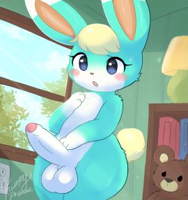 animal_crossing anthro ass balls blush femboy fluffydasher genitals hi_res lagomorph leporid male mammal nintendo penis plushie rabbit sasha_(animal_crossing) solo teddy_bear