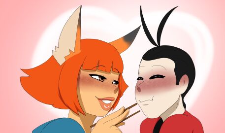 ahoge ass big_ass big_breasts big_butt blush breasts chikako_(luhyzi) chopsticks date feeding female fox fox_girl freckles goggles hair_antennae hanyou hat human hybrid kitsune luhyzi n-ronin nerd ninja otto_sharpe ponytail sushi sweater yokai