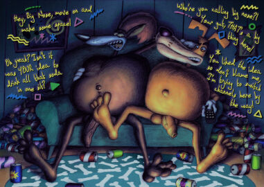 2022 2boys anthro bazilracoondog belly big_belly bloated braccoondog canid canine canis cartoon_network domestic_dog duo feet fox fox_kids frankenfox male male_only mammal moxy_(the_moxy_show) sofa ten-kun the_moxy_show