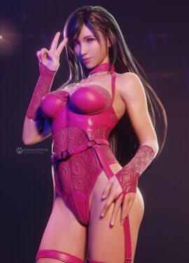 3d artist_name black_hair choker earrings elenachatnoir female final_fantasy final_fantasy_vii final_fantasy_vii_rebirth final_fantasy_vii_remake fit fit_female garter_straps gloves hand_on_hip highres hourglass_figure instagram_username leather leotard lingerie long_hair looking_at_viewer peace_sign pink_lingerie posing posing_for_the_viewer red_eyes see-through_clothing simple_background straps thigh_strap tifa_lockhart toned tumblr_username twitter_username wink winking_at_viewer