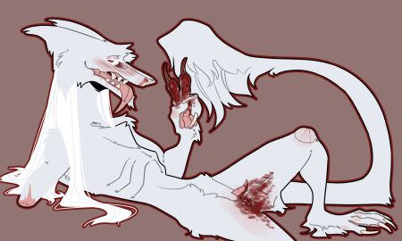 anthro blood_from_pussy blood_in_pussy blood_on_finger blood_on_pussy blood_on_thigh blush bodily_fluids brown_background clitoral_hood clitoris cuntboy eek_(hamham_gd) eye_bags fur genital_fluids genitals gesture grey_body grey_fur hair hamham_gd hand_gesture hi_res intersex long_hair lying menophilia menstruation missing_arm nosebleed nude_anthro nude_cuntboy on_back prehensile_clitoral_hood pussy ribs sergal sharp_teeth simple_background slim solo tail tail_tuft teeth tongue tongue_out tuft v_sign white_hair wounded