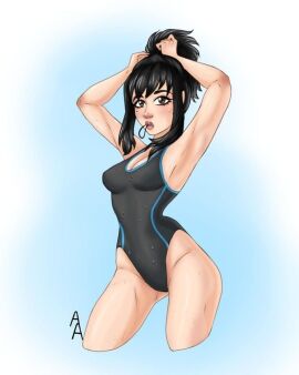 armpits arms_up bangs beauty_mark black_hair breasts cleavage eyebrows eyelashes female hair hip_dips hips lego lips looking_at_viewer mole mole_under_eye ninja ninja_girl ninjago nya_(ninjago) one-piece_swimsuit pinup ponytail pose seabound_(ninjago) swimsuit swimwear thighs tying_hair wet wet_body