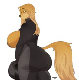 2024 anthro areola armor artist_name ass big_breasts big_butt bodysuit breasts brown_body brown_fur brown_hair canid canine canis cherrikissu clothed clothing domestic_dog exposed_breasts eyebrow_through_hair eyebrows female fur hair headgear helmet hi_res huge_breasts hunting_dog long_hair mabel_(cherrikissu) mammal portrait saluki sighthound simple_background skinsuit solo standing text thick_thighs three-quarter_portrait tight_clothing translucent translucent_hair white_background