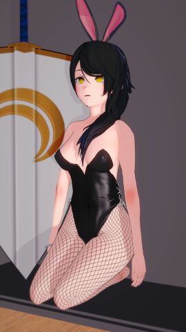 arc_family_crest black_hair bunny_ears bunnysuit cinder_fall crocea_mors empty_eyes expressionless fishnet_legwear fishnets hypnosis koikatsu mind_control pearl_bracelet perfect_idiot rwby shield sword yellow_eyes
