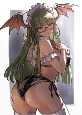 absurdres alternate_costume ap_cammy ass bikini black_bikini commentary darkstalkers demon demon_girl demon_wings female glasses green_eyes green_hair head_wings highres long_hair looking_at_viewer looking_back maid maid_headdress morrigan_aensland red_ribbon ribbon semi-rimless_eyewear solo swimsuit thighhighs wedgie white_thighhighs wings wrist_cuffs
