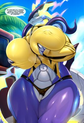 2025 ancient_pokemon anthro big_breasts bikini bikini_bottom breasts camel_toe cameltoe clothing dragon female future_pokemon generation_9_pokemon genitals hi_res legendary_pokemon miraidon mleonheart mythological_creature mythological_scalie mythology nintendo nipples paradox_pokemon pokemon pokemon_(species) pussy scalie smile solo swimwear thick_thighs two-piece_swimsuit vulva