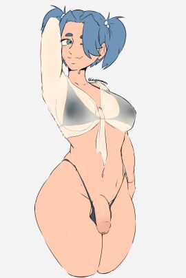 1futa bikini blue_hair breasts clothed clothing droplets fangs flaccid futa_only futanari hand_behind_head intersex jeteggs medium_breasts mostly_nude original original_character see-through see-through_clothing self_upload skintight solo thick_thighs unfinished wet wet_clothes
