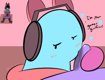 blue_body blush blush_lines bodily_fluids bogg boggo_(land_of_boggs) cat_ear_headband clothing dialogue digital_media_(artwork) duo electronics fellatio female first_person_view genitals headphones hi_res hoodie land_of_boggs licking male male/female mii2sii narrowed_eyes oral penile penis penis_lick pink_body pokesiimii purple_body reference_image sex tongue topwear unknown_species