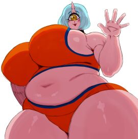 1girls :3d ass bangs bbw belly bent_leg big_breasts blue_hair breasts breasts_bigger_than_head chubby chubby_female curvy cyclops elf-san_wa_yaserarenai female female_focus female_only highres hitome huge_breasts humanoid leaning_on_hands light-skinned_female light_blue_hair light_skin pale-skinned_female pale_skin pointy_ears short_hair sitting solo solo_female solo_focus sportswear sssonic2 sweat thick thick_ass thick_thighs tied_hair voluptuous white_background wide_hips yellow_eyes