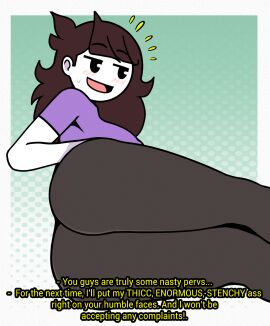 :d ass bangs black_eyes black_hair black_pants blush border brown_hair clothing colored_skin english_language english_text female female_only green_background high_resolution huge_ass jaiden jaiden_(jaiden_animations) jaiden_animations large_ass long_hair lying on_side open-mouth_smile open_mouth pants purple_shirt shirt short_sleeves smile solo steca sweatdrop text thelazyart thick_thighs thighs tight tight_pants youtube youtuber