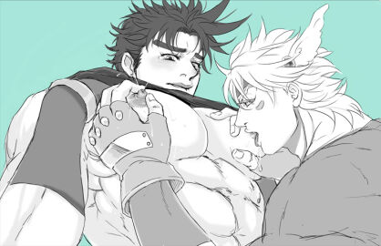 2boys battle_tendency caesar_zeppeli gay jojo's_bizarre_adventure joseph_joestar male male/male male_lactation male_nipples male_only muscular muscular_male nipples sucking_male_nipple yaoi