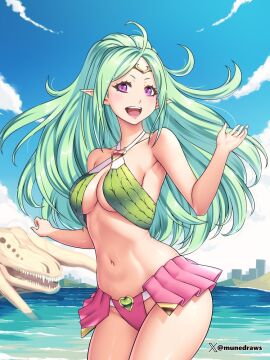 1girls :d aged_up alternate_costume animal_skull beach bikini bikini_skirt blue_sky breasts cleavage cloud criss-cross_halter etchimune female female_only fire_emblem fire_emblem_awakening fully_clothed gem green_bikini green_gemstone green_hair halterneck happy heart-shaped_gem long_hair looking_at_viewer medium_breasts navel nintendo nowi_(fire_emblem) outdoors outstretched_arms parted_bangs pink_bikini pointy_ears ponytail purple_eyes red_gemstone revealing_clothes showgirl_skirt sky sling_bikini_top smile solo spread_arms swimsuit twitter_username underboob w_arms