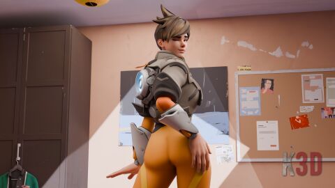 3d ass blizzard_entertainment brown_hair female female_only kangtua3d overwatch overwatch_2 posing posing_for_the_viewer solo_female tracer tracer_(overwatch_2_suit) wink