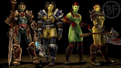 2022 3d 3d_(artwork) artist_logo ass ass_grab black_hair bodypaint breasts brother_fuzzman brown_hair female female_orc green_skin long_hair nude nude_female orc orc_female partially_clothed pierced_nipples red_hair short_hair tusks warcraft weapons world_of_warcraft