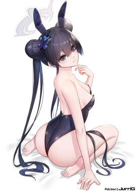 1girls arm_support ass bare_arms bare_ass bare_back bare_chest bare_legs bare_shoulders bare_skin bare_thighs barefoot black-haired_female black_bunny_ears black_bunnygirl_costume black_bunnysuit black_eyes black_hair blue_archive blush breasts bunny_ears bunny_girl bunnysuit collarbone dot_nose elbows feet female female_focus female_only fingernails fingers full_body genryumon_(blue_archive) hair_between_eyes hair_buns hair_ornament hairbun halo high_resolution highres jurrig kisaki_(blue_archive) knees legs light-skinned_female light_skin long_hair looking_at_viewer nape neck petite petite_body petite_breasts petite_female shanhaijing_secondary_school_student shoulders sideboob simple_background sitting sitting_on_bed sitting_on_knees slender_body slender_waist slim_female slim_waist small_breasts soles solo student_council_president thick_ass thick_thighs thighs thin_waist toes twin_buns twintails very_long_hair white_background young